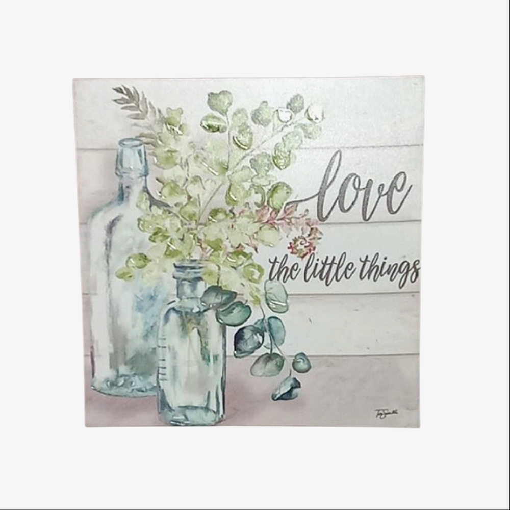 Canvas Wall Hanging Love The Little Things Floral Vases Wood Look